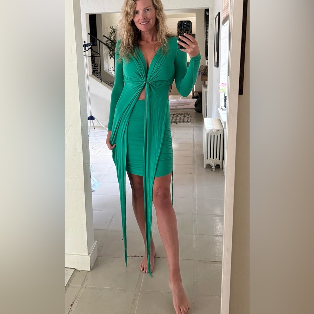 Manuri Designer $530 Sold on Revolve Green Resort Dress with Gold Ring, Size S